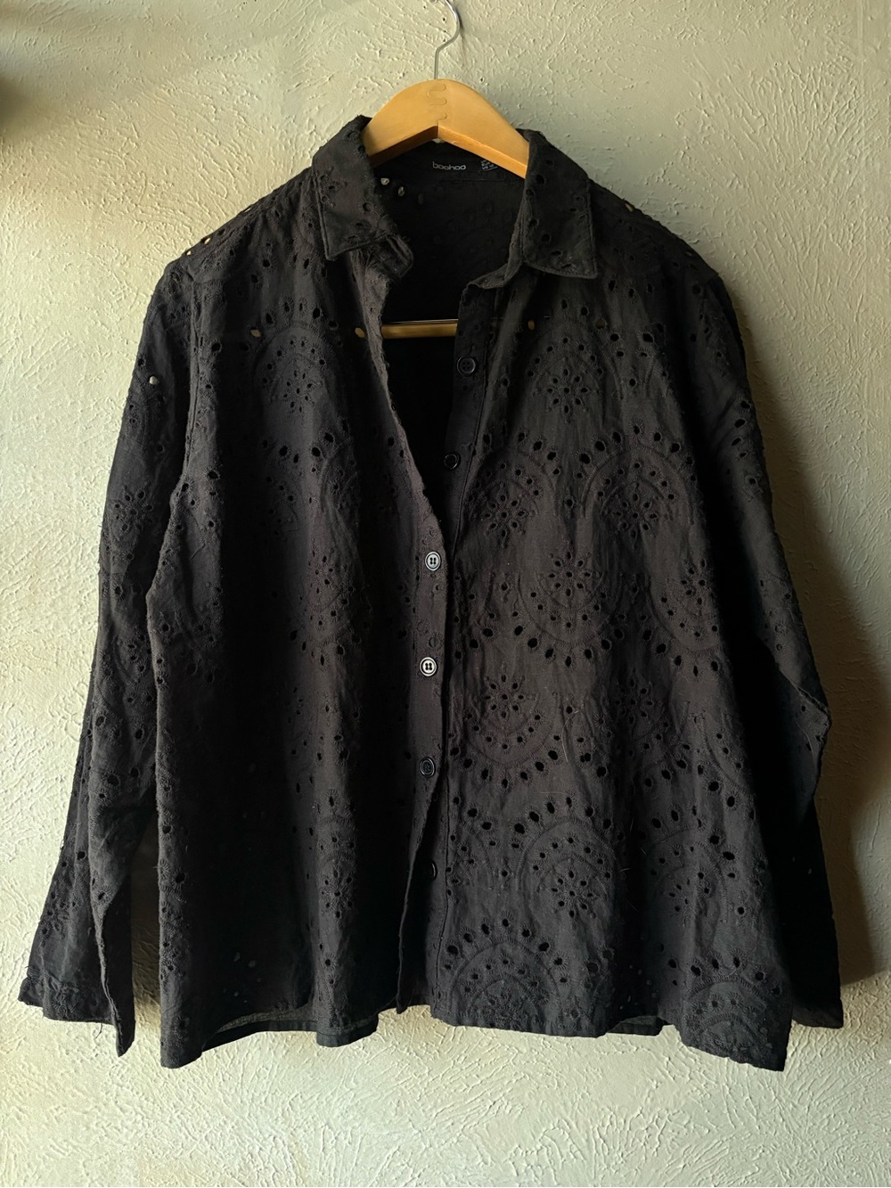 Boohoo Black Eyelet Button-Down Shirt